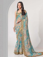 Sky Blue Organza Digital Print Saree